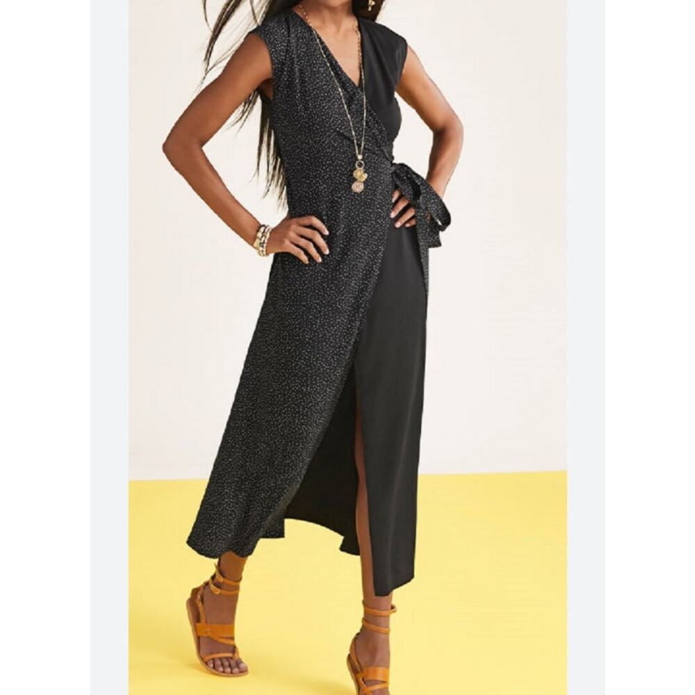 Cabi Spring Disco Mixed Media Wrap Dress Women's Medium Black Polka Dot